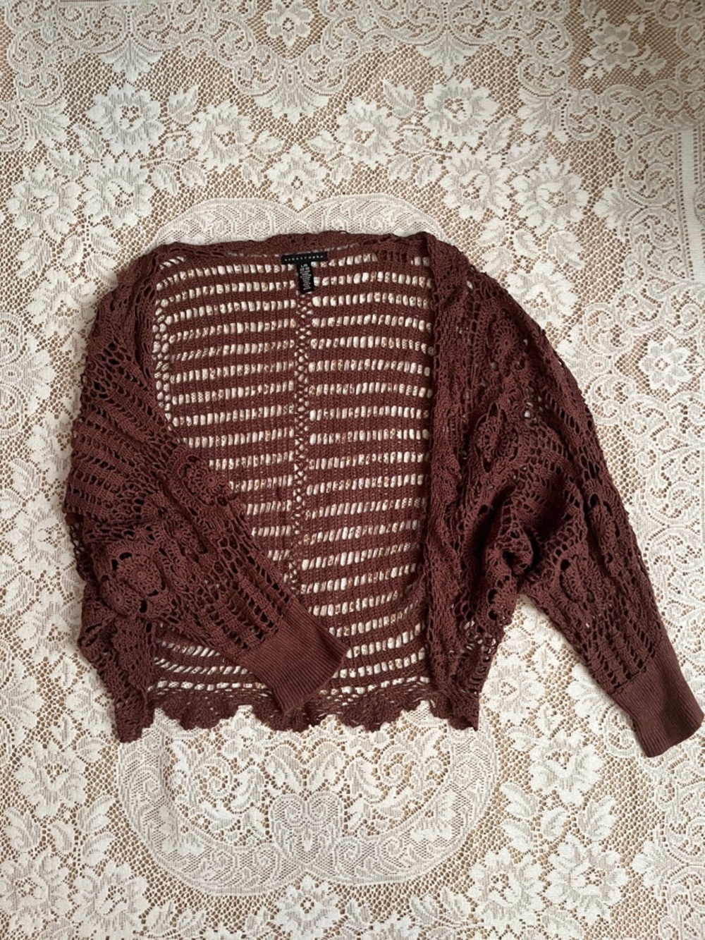Apostrophe Slouchy Crochet Open Front Cardigan, Brown, Size L